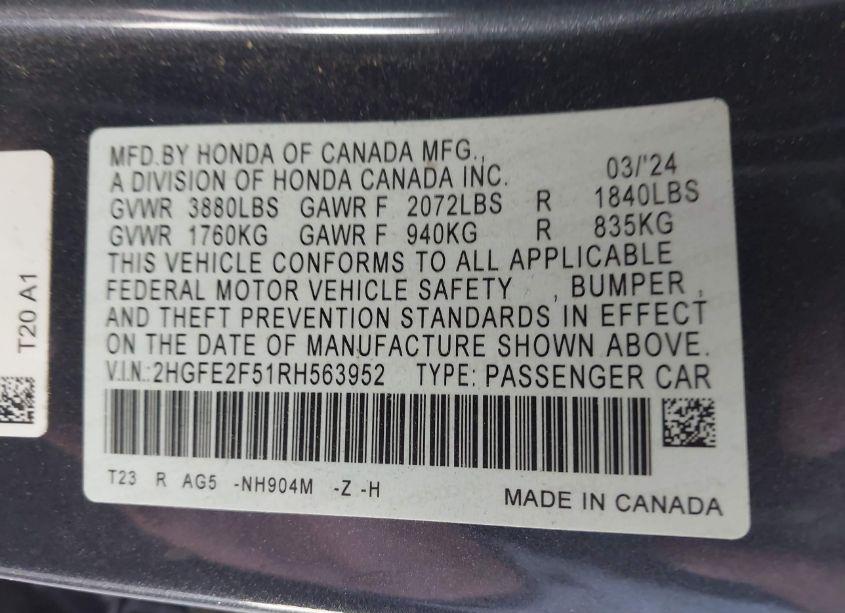 Photo 9 of 2024 Honda Civic SPORT (VIN 2HGFE2F51RH563952)