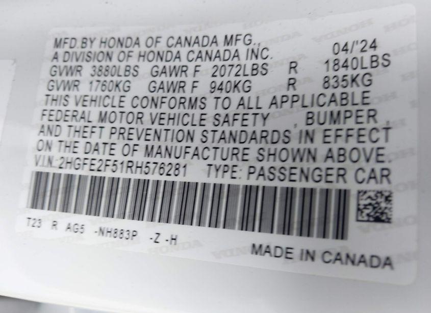 Photo 9 of 2024 Honda Civic SPORT (VIN 2HGFE2F51RH576281)