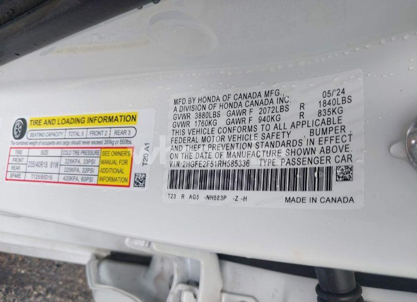 Photo 9 of 2024 Honda Civic SPORT (VIN 2HGFE2F51RH585336)