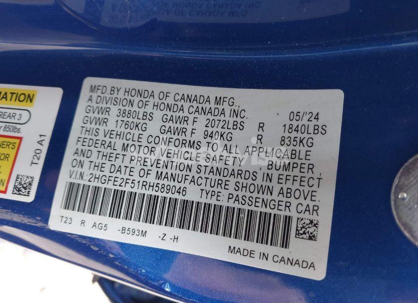 Photo 9 of 2024 Honda Civic SPORT (VIN 2HGFE2F51RH589046)