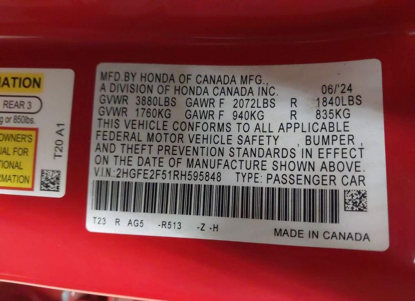 Photo 9 of 2024 Honda Civic SPORT (VIN 2HGFE2F51RH595848)