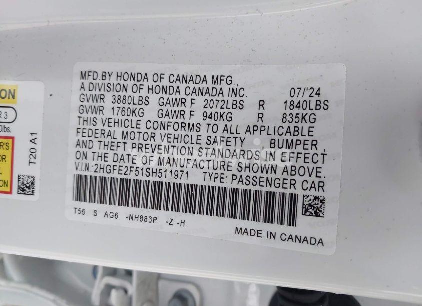 Photo 9 of 2025 Honda Civic SPORT (VIN 2HGFE2F51SH511971)