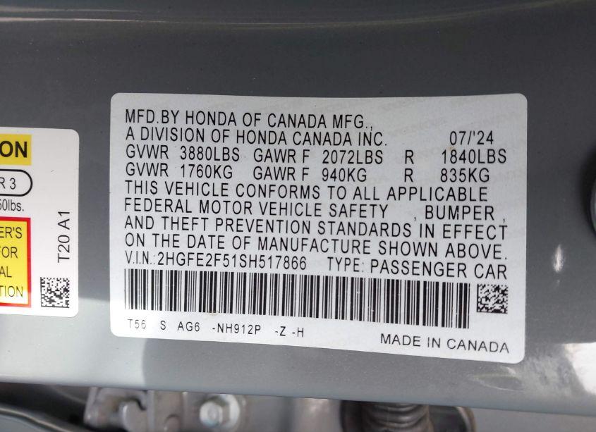Photo 9 of 2025 Honda Civic SPORT (VIN 2HGFE2F51SH517866)