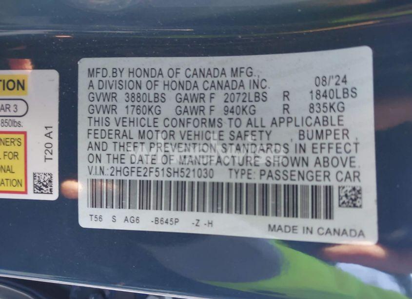 Photo 9 of 2025 Honda Civic SPORT (VIN 2HGFE2F51SH521030)