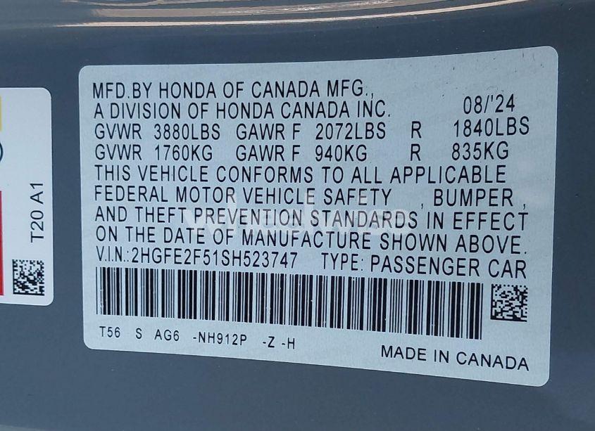 Photo 9 of 2025 Honda Civic SPORT (VIN 2HGFE2F51SH523747)