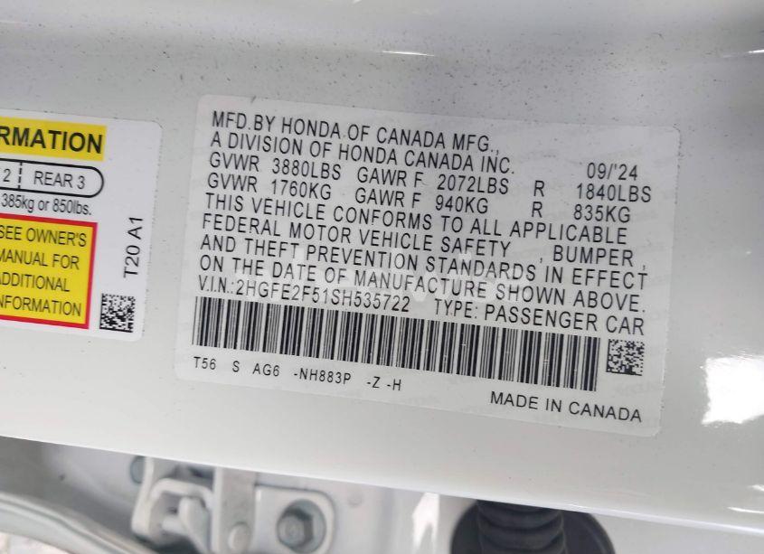 Photo 9 of 2025 Honda Civic SPORT (VIN 2HGFE2F51SH535722)