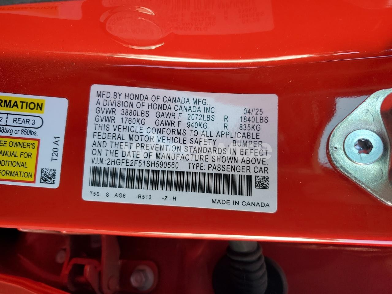 Photo 12 of 2025 HONDA CIVIC SPORT (VIN 2HGFE2F51SH590560)