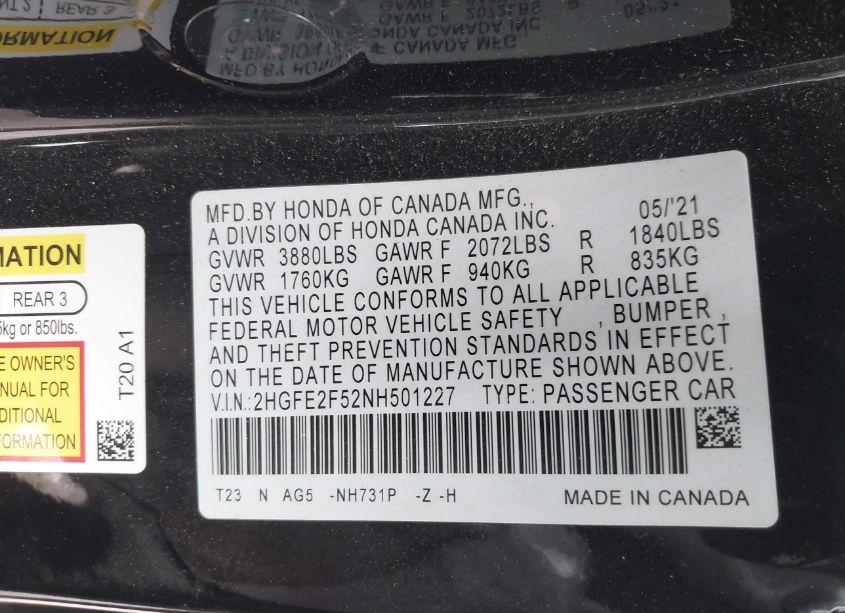 Photo 9 of 2022 Honda Civic SPORT (VIN 2HGFE2F52NH501227)