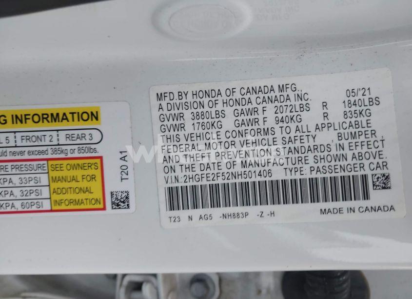 Photo 9 of 2022 Honda Civic SPORT (VIN 2HGFE2F52NH501406)