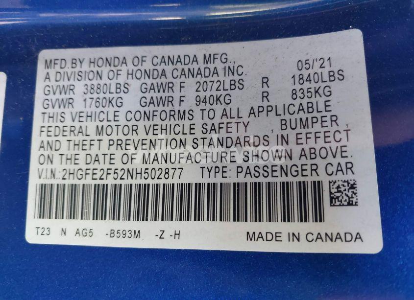 Photo 9 of 2022 Honda Civic SPORT (VIN 2HGFE2F52NH502877)