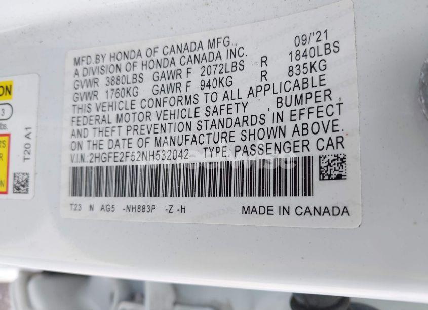 Photo 9 of 2022 Honda Civic SPORT (VIN 2HGFE2F52NH532042)