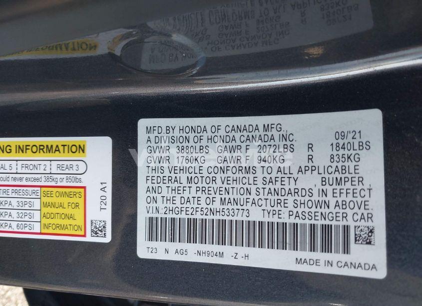 Photo 9 of 2022 Honda Civic SPORT (VIN 2HGFE2F52NH533773)