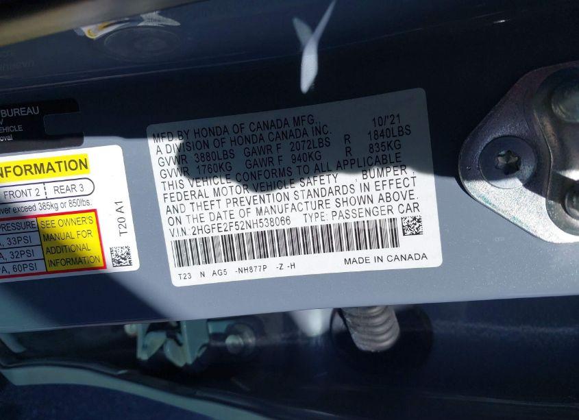 Photo 9 of 2022 Honda Civic SPORT (VIN 2HGFE2F52NH538066)