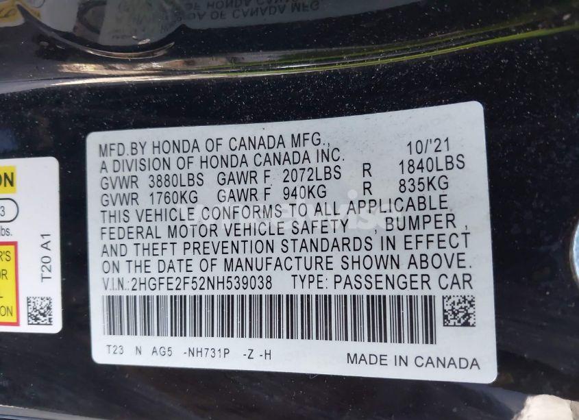 Photo 9 of 2022 Honda Civic SPORT (VIN 2HGFE2F52NH539038)