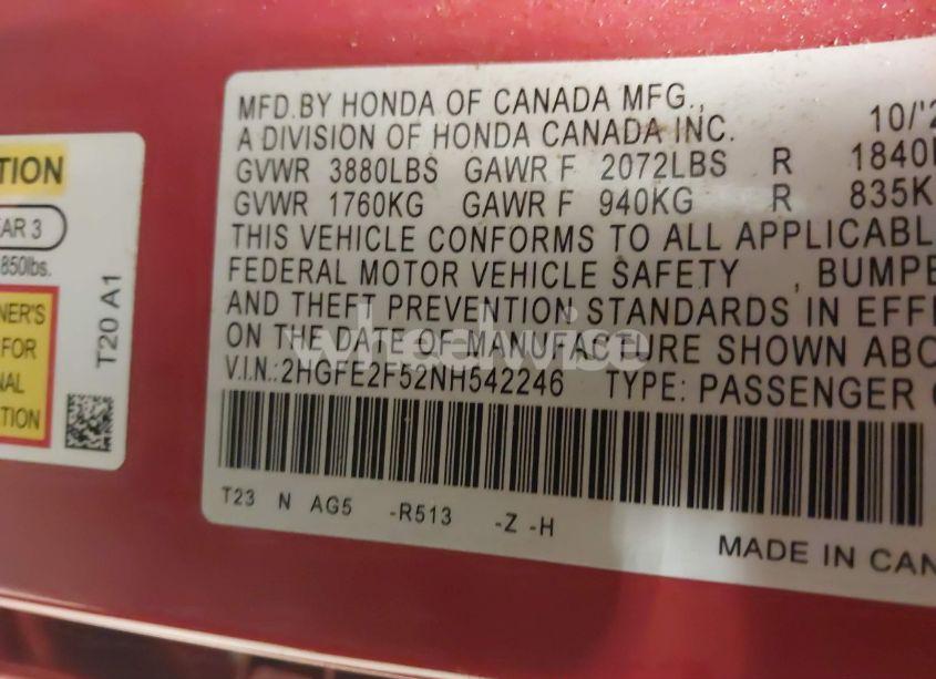 Photo 9 of 2022 Honda Civic SPORT (VIN 2HGFE2F52NH542246)