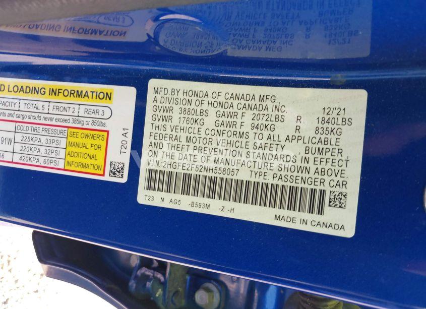 Photo 9 of 2022 Honda Civic SPORT (VIN 2HGFE2F52NH558057)