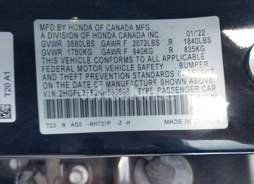 Photo 9 of 2022 Honda Civic SPORT (VIN 2HGFE2F52NH563808)