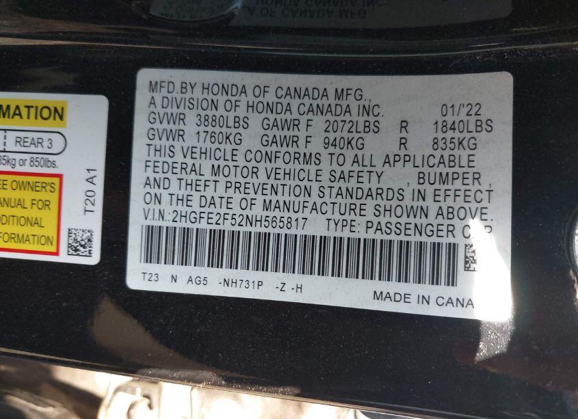 Photo 9 of 2022 Honda Civic SPORT (VIN 2HGFE2F52NH565817)