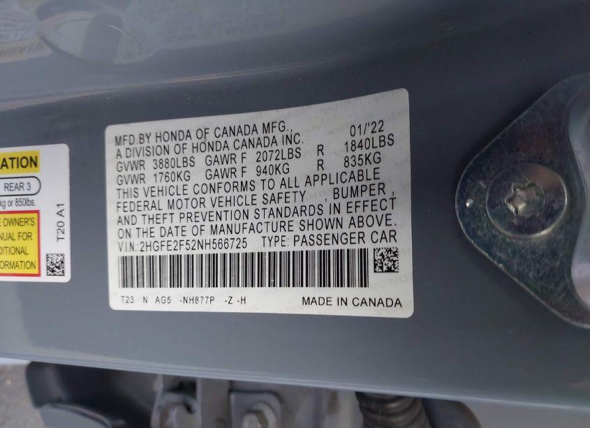 Photo 9 of 2022 Honda Civic SPORT (VIN 2HGFE2F52NH566725)