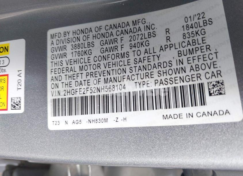 Photo 9 of 2022 Honda Civic SPORT (VIN 2HGFE2F52NH568104)