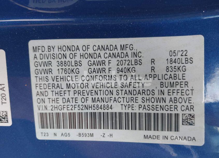 Photo 9 of 2022 Honda Civic SPORT (VIN 2HGFE2F52NH584884)