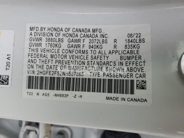 Photo 2 of 2022 HONDA CIVIC SPORT (VIN 2HGFE2F52NH587865)