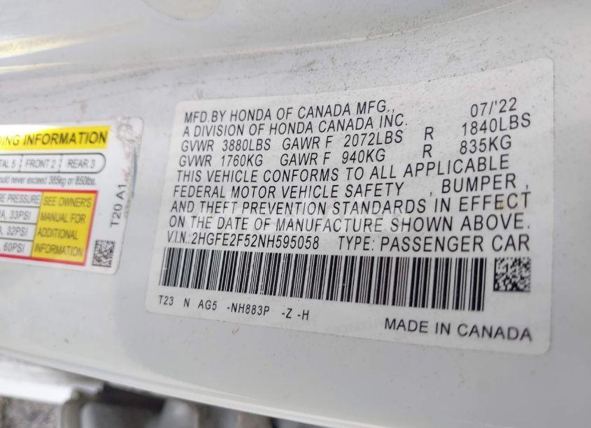 Photo 9 of 2022 Honda Civic SPORT (VIN 2HGFE2F52NH595058)