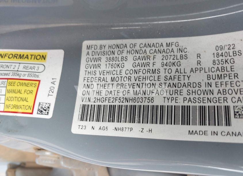 Photo 9 of 2022 Honda Civic SPORT (VIN 2HGFE2F52NH603756)