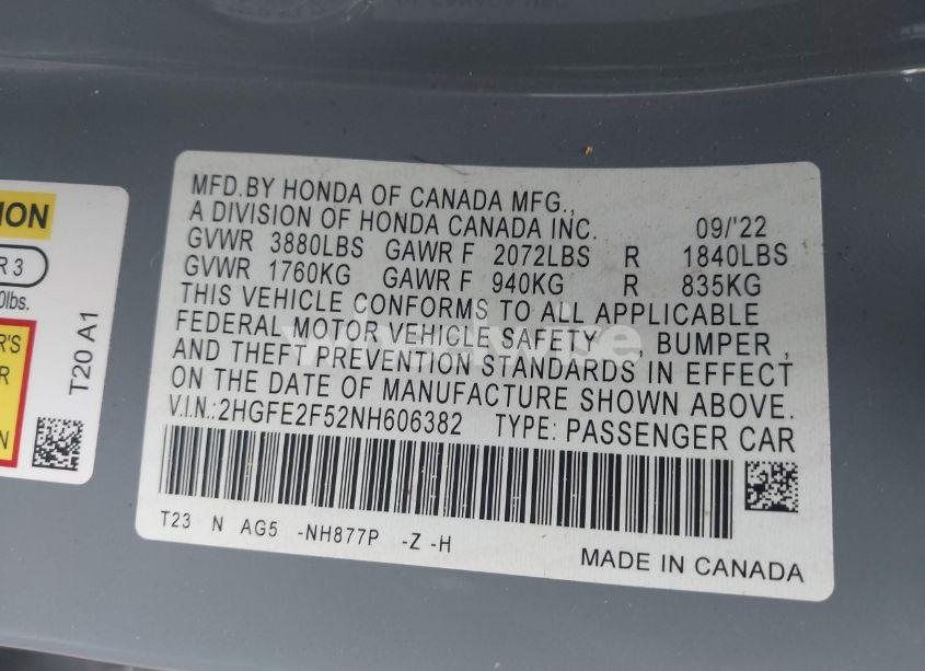 Photo 9 of 2022 Honda Civic SPORT (VIN 2HGFE2F52NH606382)