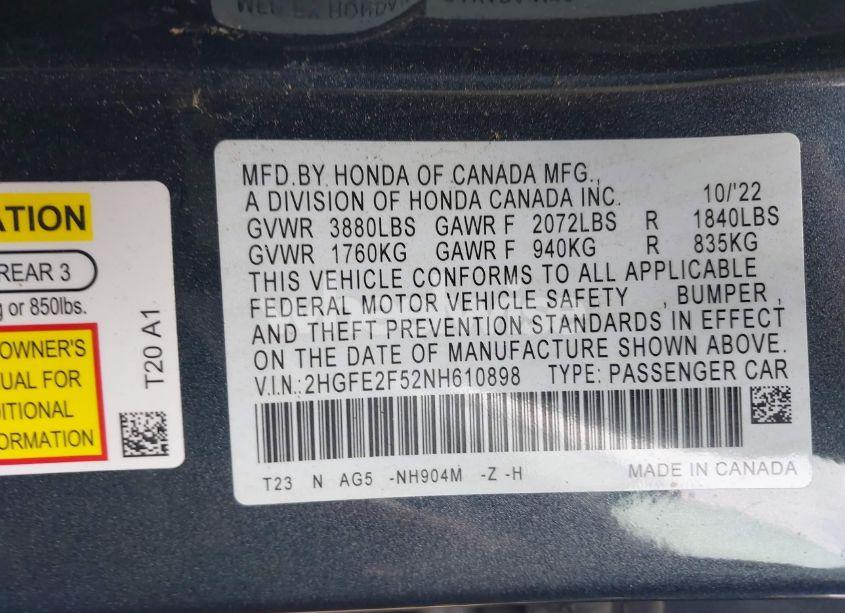 Photo 9 of 2022 Honda Civic SPORT (VIN 2HGFE2F52NH610898)