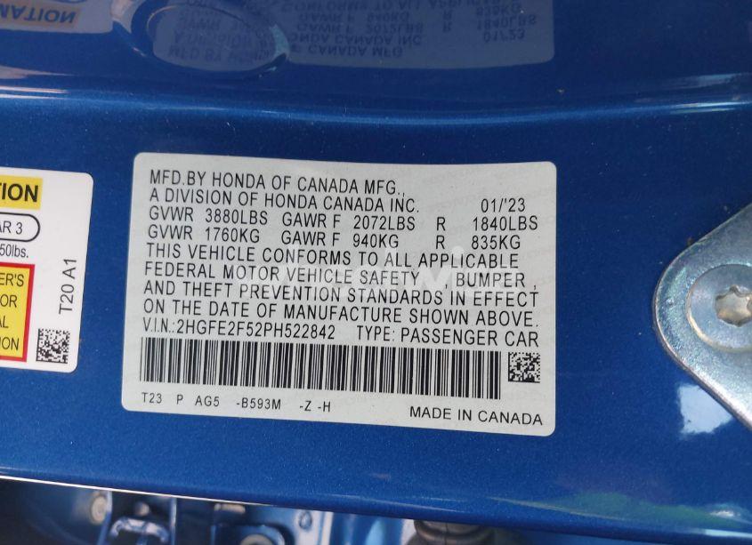 Photo 9 of 2023 Honda Civic SPORT (VIN 2HGFE2F52PH522842)