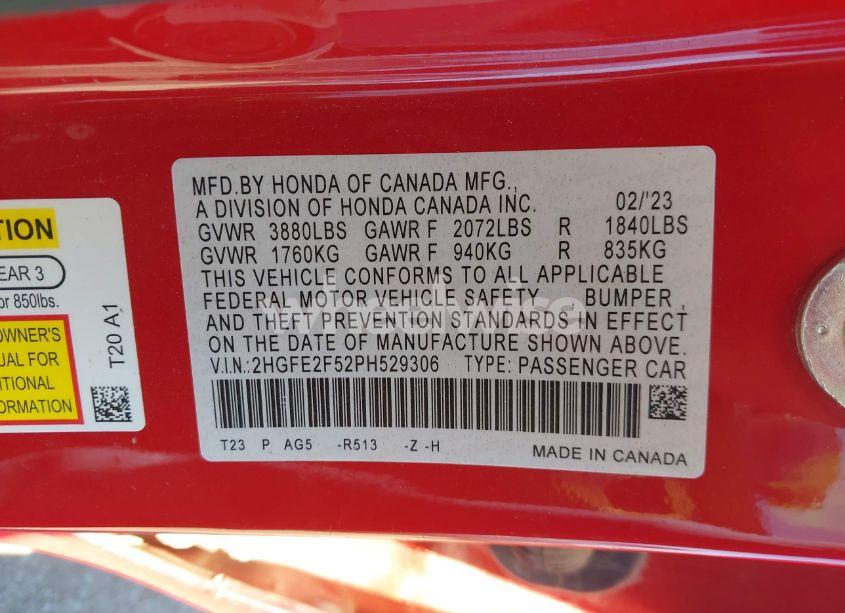 Photo 9 of 2023 Honda Civic SPORT (VIN 2HGFE2F52PH529306)