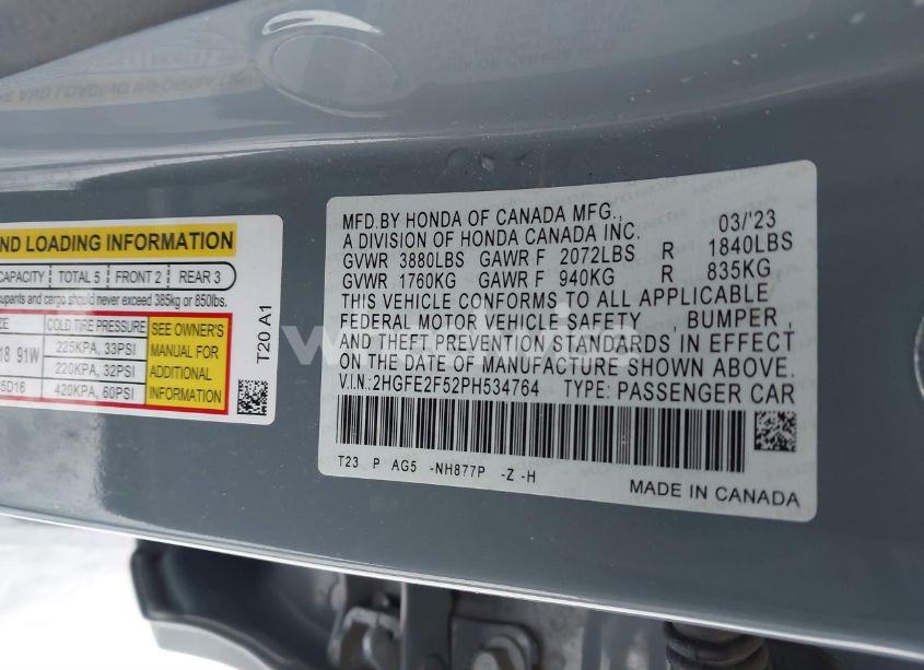 Photo 9 of 2023 Honda Civic SPORT (VIN 2HGFE2F52PH534764)