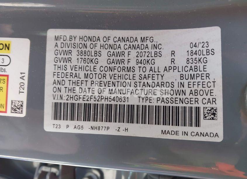 Photo 9 of 2023 Honda Civic SPORT (VIN 2HGFE2F52PH540631)