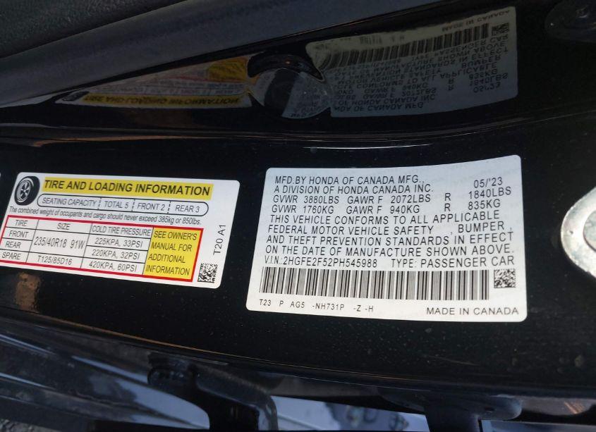 Photo 9 of 2023 Honda Civic SPORT (VIN 2HGFE2F52PH545988)