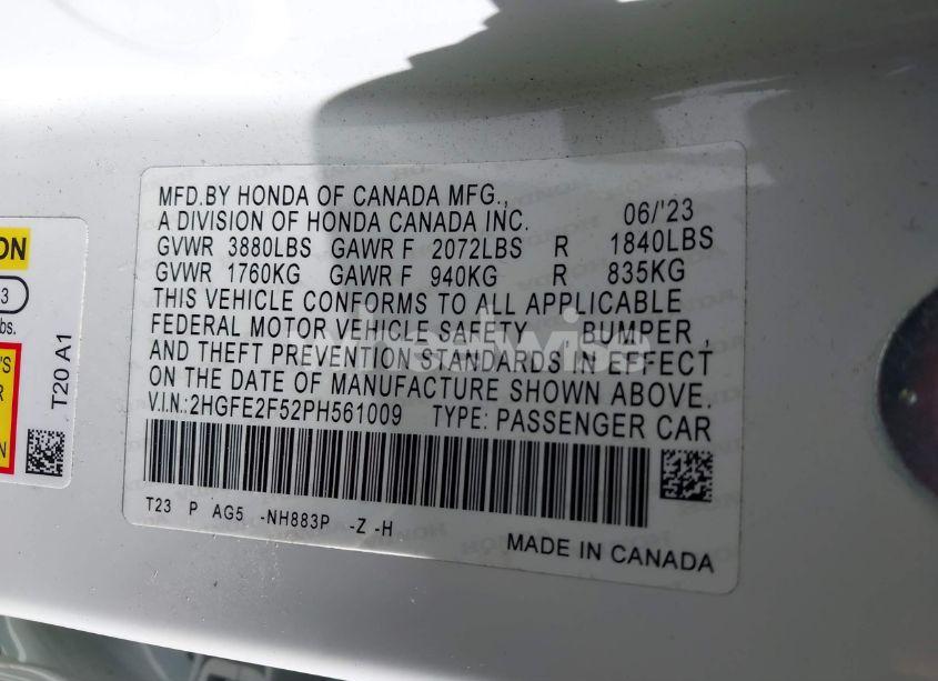 Photo 9 of 2023 Honda Civic SPORT (VIN 2HGFE2F52PH561009)