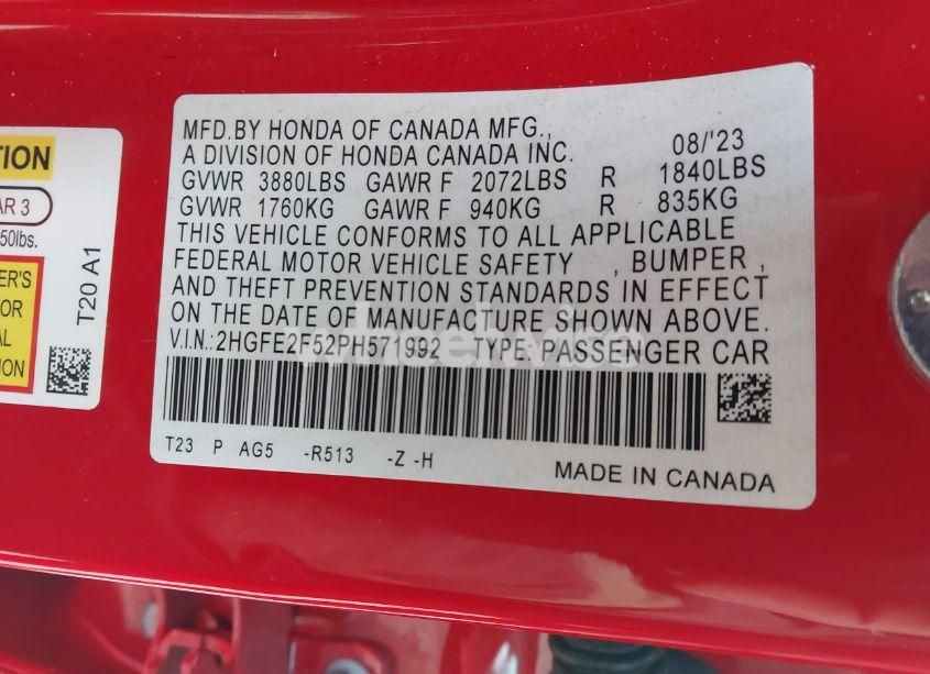 Photo 9 of 2023 Honda Civic SPORT (VIN 2HGFE2F52PH571992)