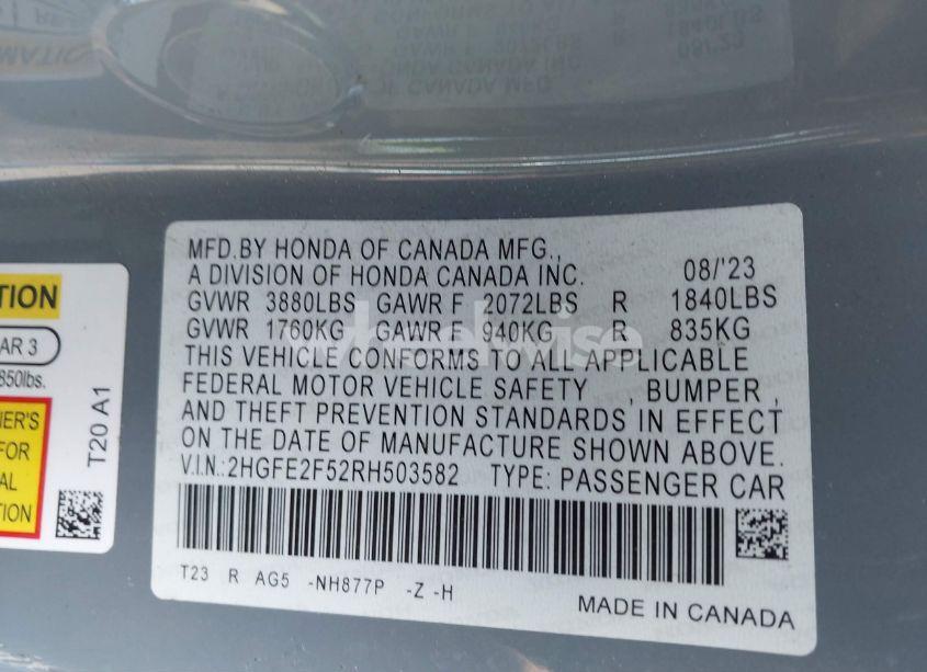 Photo 9 of 2024 Honda Civic SPORT (VIN 2HGFE2F52RH503582)