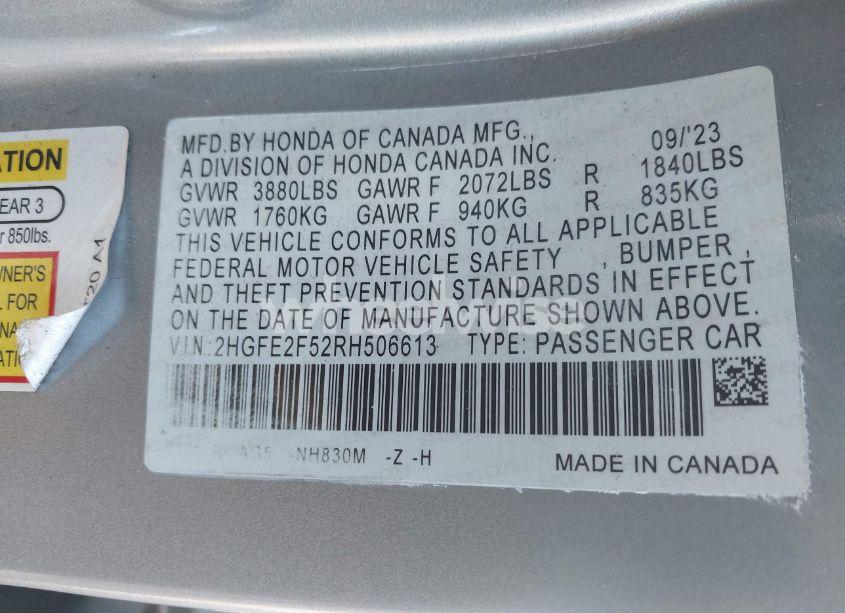 Photo 9 of 2024 Honda Civic SPORT (VIN 2HGFE2F52RH506613)