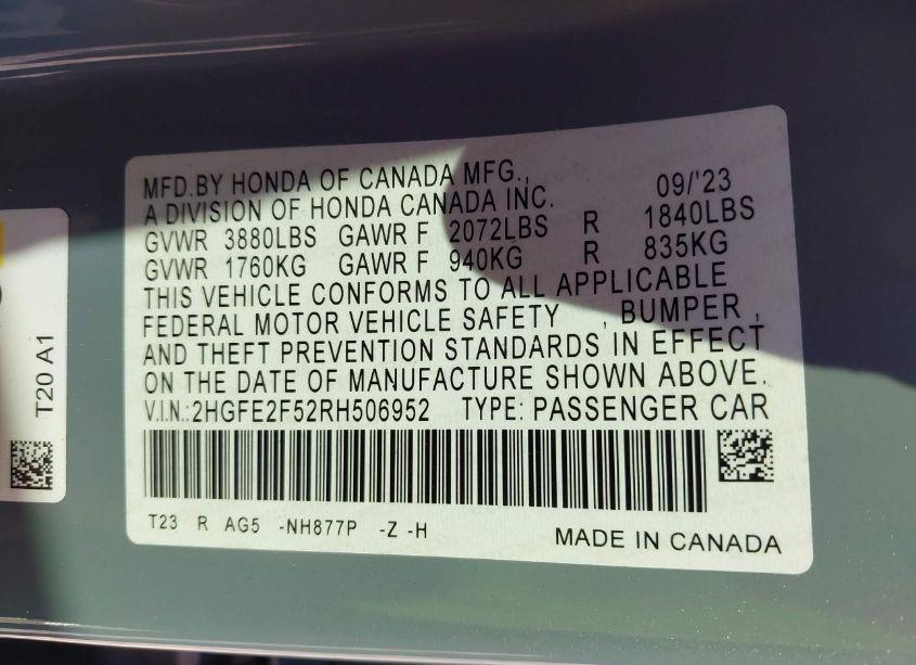 Photo 9 of 2024 Honda Civic SPORT (VIN 2HGFE2F52RH506952)