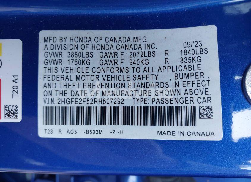 Photo 9 of 2024 Honda Civic SPORT (VIN 2HGFE2F52RH507292)