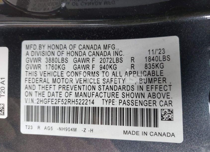 Photo 9 of 2024 Honda Civic SPORT (VIN 2HGFE2F52RH522214)