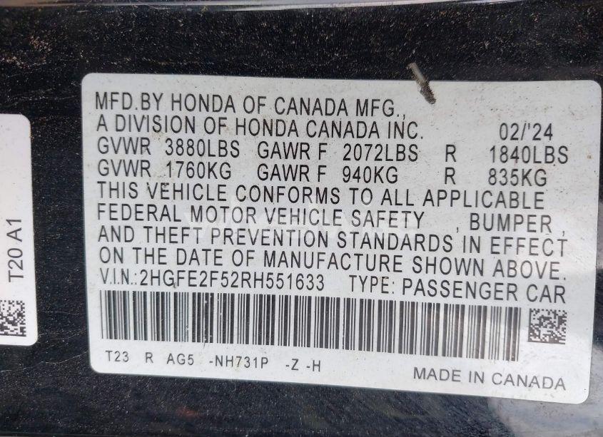 Photo 9 of 2024 Honda Civic SPORT (VIN 2HGFE2F52RH551633)