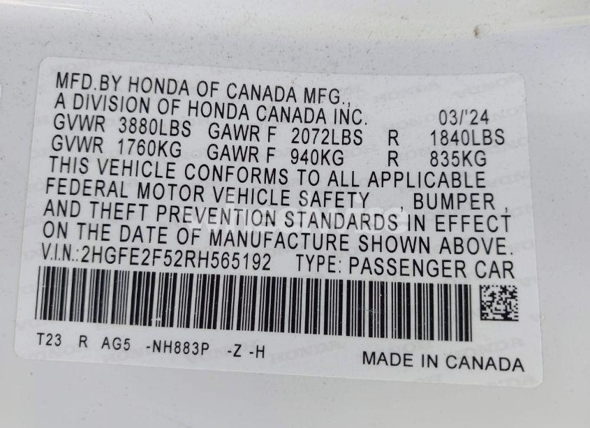 Photo 9 of 2024 Honda Civic SPORT (VIN 2HGFE2F52RH565192)