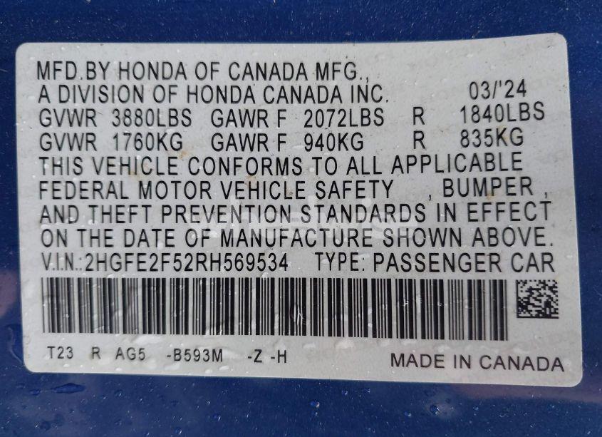 Photo 9 of 2024 Honda Civic SPORT (VIN 2HGFE2F52RH569534)