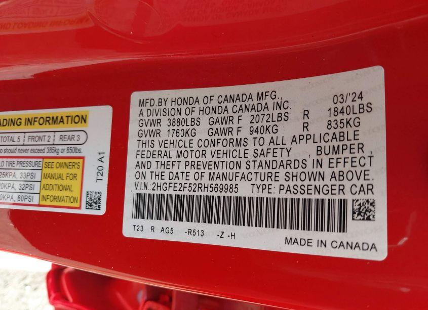 Photo 9 of 2024 Honda Civic SPORT (VIN 2HGFE2F52RH569985)