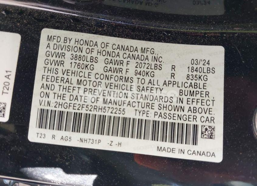Photo 9 of 2024 Honda Civic SPORT (VIN 2HGFE2F52RH572255)