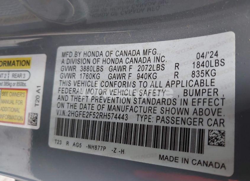 Photo 9 of 2024 Honda Civic SPORT (VIN 2HGFE2F52RH574443)