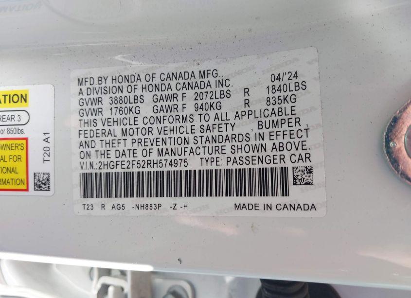 Photo 9 of 2024 Honda Civic SPORT (VIN 2HGFE2F52RH574975)