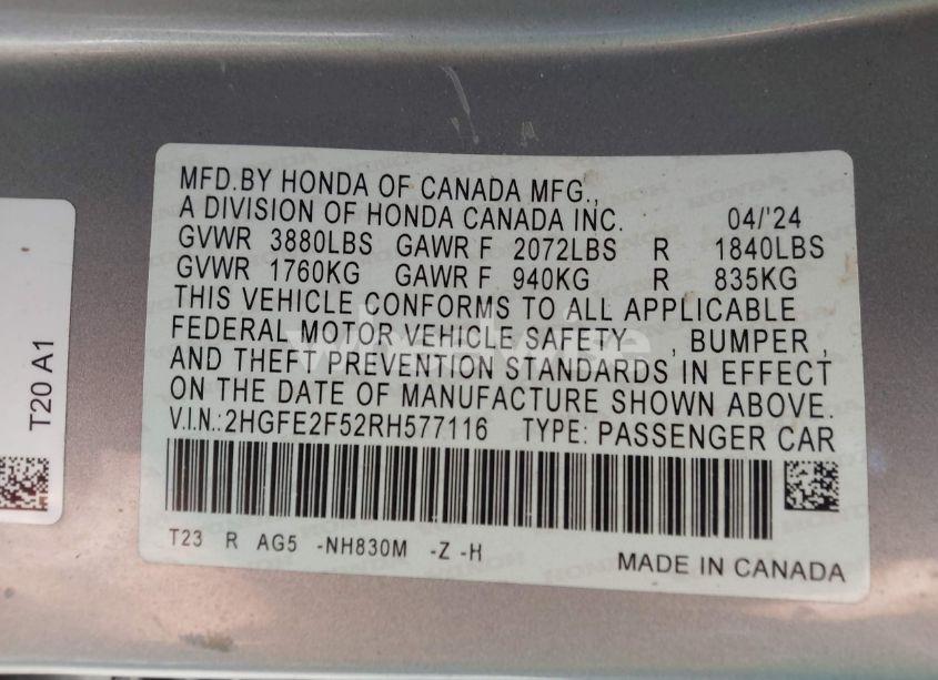 Photo 9 of 2024 Honda Civic SPORT (VIN 2HGFE2F52RH577116)